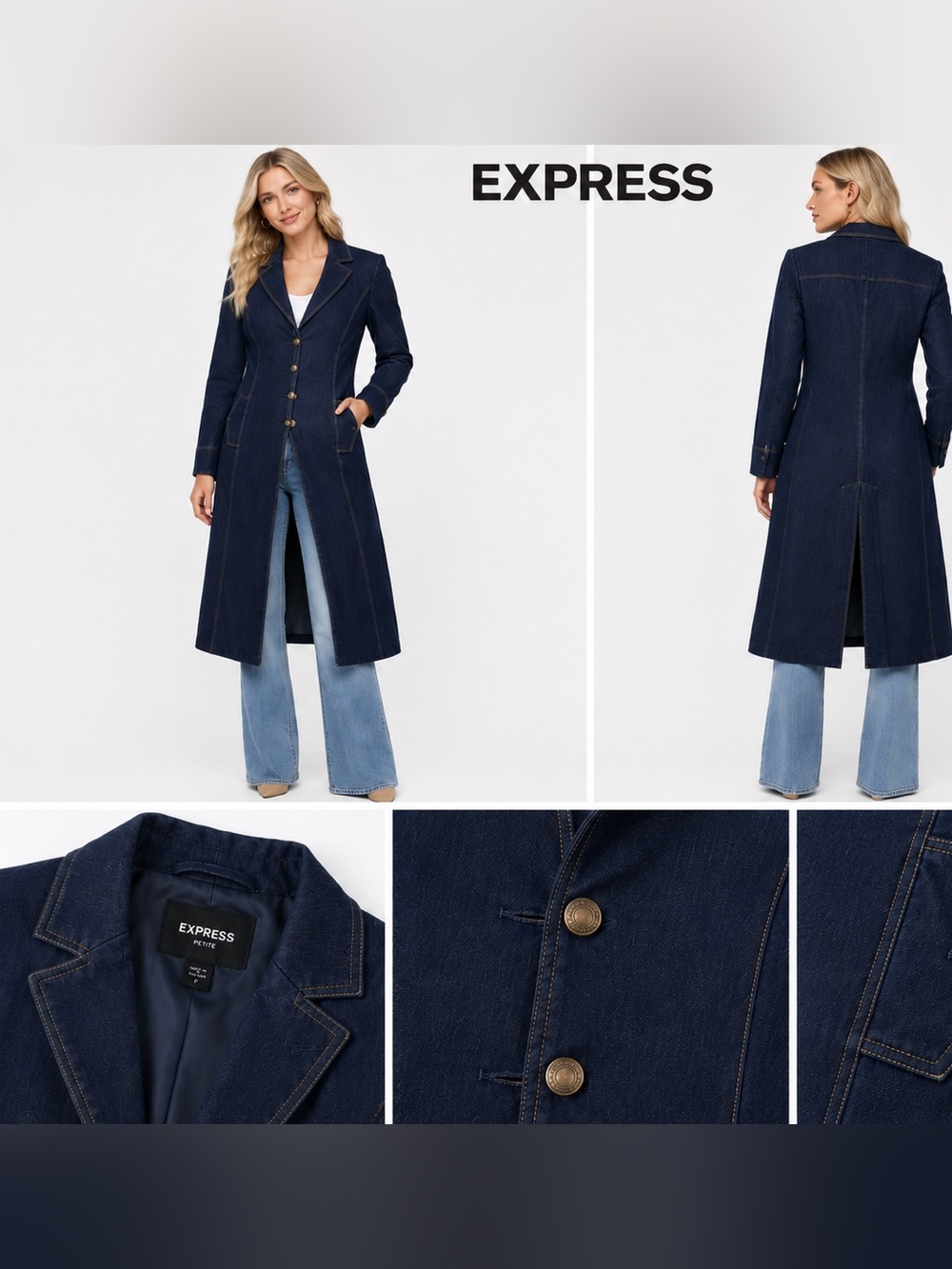 NWOT Express Dark Navy Long Coat with Contrast Topstitch Size 3/4